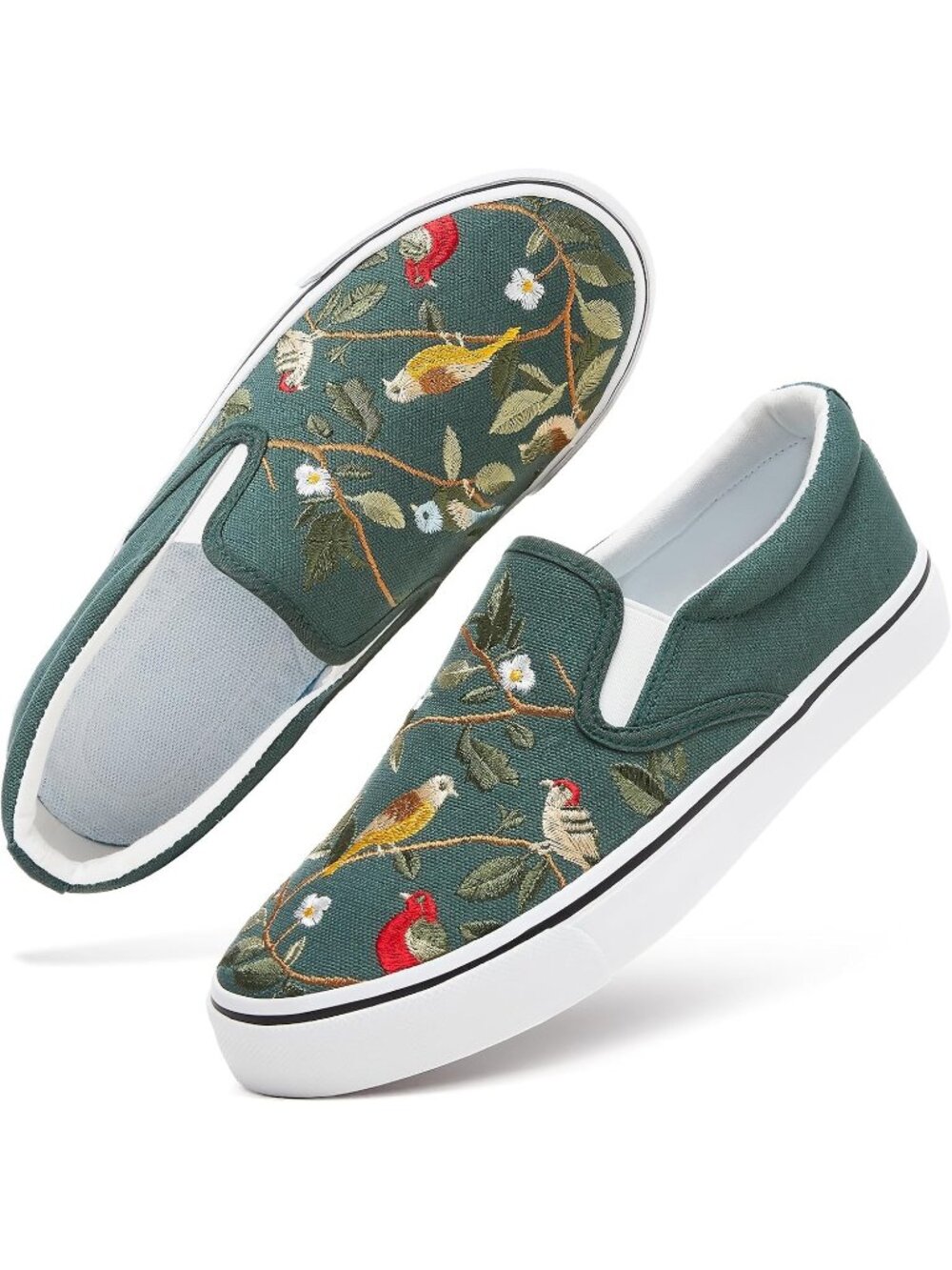 Women's Dark Green Embroidery Comfortable Low Top Slip on Loafer Sneaker Shoes